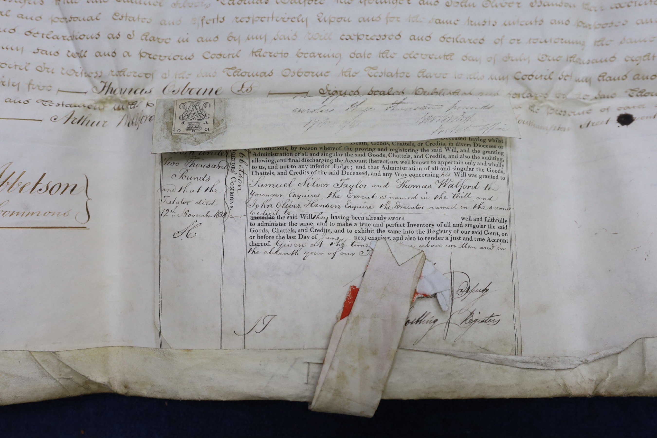Three 19th legal documents on vellum:-The last will and testament of Thomas Osbourne, 4 leaves, dated 12th November, 1838, 65 x 72cms; Copy of a surrender of a lease, for land in the Manor of Lapley and Aston [Staffordsh